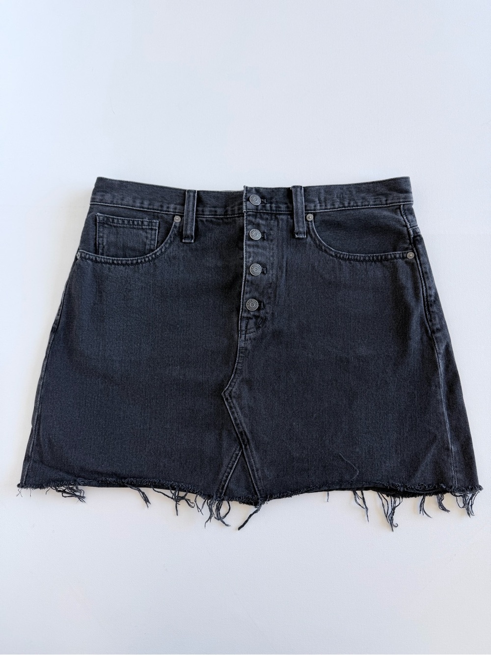 Madewell Rigid Denim A-Line Mini Skirt Black Button Front Frayed Hem Size 31
